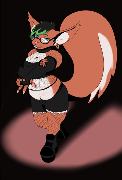 a squirrel in a crop top, cut off black jean shorts, stompy boots, gloves and fishnets dances in the spotlight.