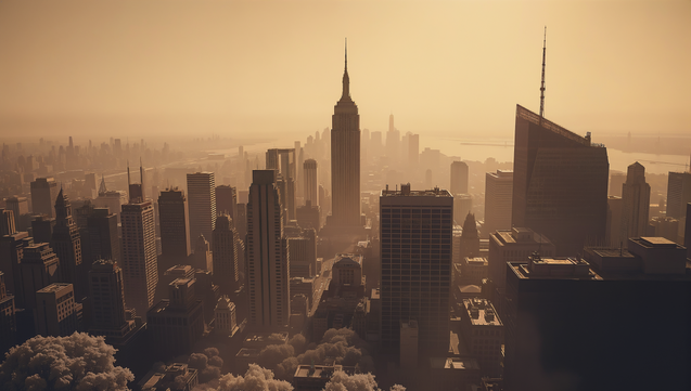 high resolution, 4k, 8k, dslr, award-winning masterpiece, sharp highly detailed sepia photograph, low contrast infrared, new york city skyline, god rays, thick low fog, statue of liberty in the distance