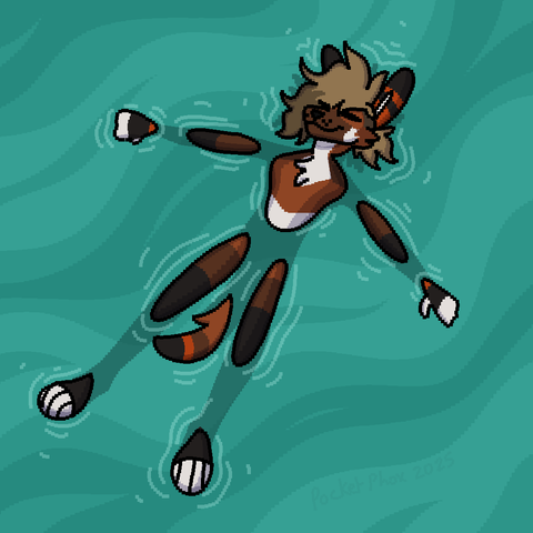 pixel style drawing of phox, contentedly floating on his back in water