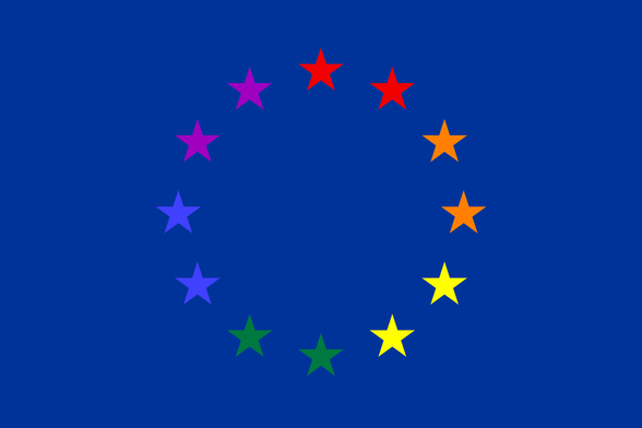The EU flag, but the stars use the 6 colors of the LGBT+ pride flag.