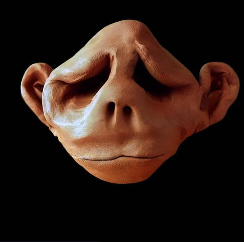 The image shows a clay or sculpted model of the lower portion of a human face. The sculpture features a prominent nose with nostrils, partial cheeks, closed lips, and ears on both sides. The piece has a flesh-toned, terracotta-like color and appears to be created from modeling clay or a similar sculptural material. The facial features have a somewhat stylized or exaggerated quality, with the nose being particularly pronounced. The sculpture is displayed against a completely black background, creating a dramatic contrast that highlights the detailed texture and contours of the facial features.