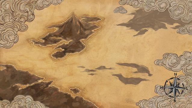 digital painterly stylized map of an island shrounded in mist.