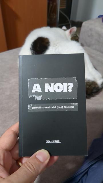 A black small book titled "A noi?" holded by a hand. A black and white cat sleeping in the background.
