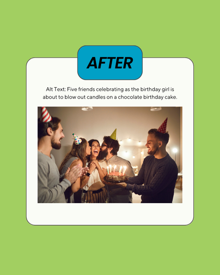 The word “After” with the alt text below it, “Five friends celebrating as the birthday girl is about to blow out candles on a chocolate birthday cake.”