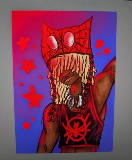 He kinda looks like if you took miles morales and ekko from arcane and mashed them together. Krita, digital artwork, white dreads, black and red, spiderman crop top, knitted spiderman hat