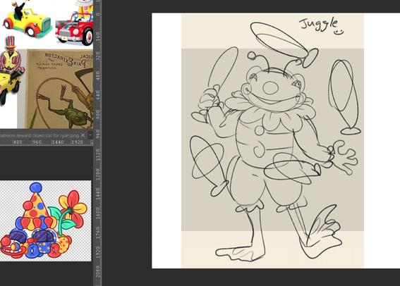 sketch of a clown frog juggling