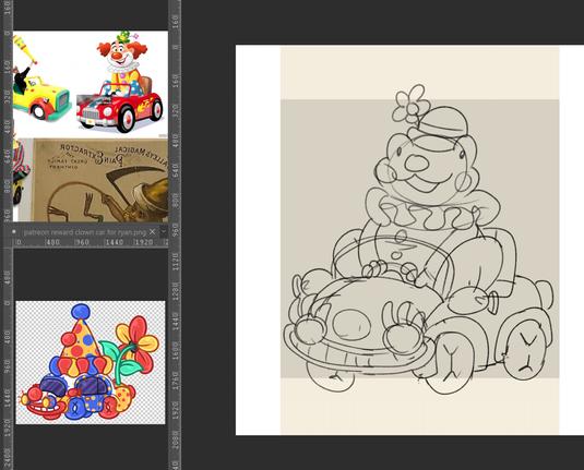 sketch of a clown frog driving a clown car