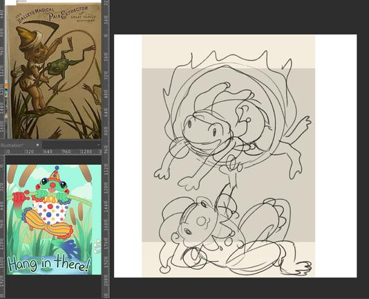 sketch of 2 clown frogs, one on the ground holding a flaming hopp and the other jumping through said hoop