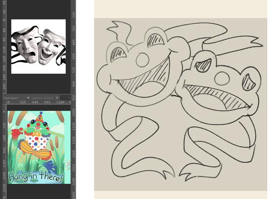a frog themed mask of happiness and saddness