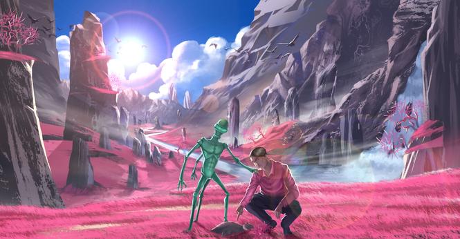 Image by palasharts.

Carter Vincent gets his first view of an alien world, and is stunned by the wild and wonderful nature of it all. He kneels to examine a small critter amongst the pink foliage as stone monoliths rise out of the ground behind him and alien birds cross the sky and silvery water flows down a mountainside into a river.

Doctor Lux Pang, a Fillim scientist of the Fillim race, cautions his new friend not to interfere. A tripedal insectoid creature with three arms and three legs, Lux Pang is also part of the scientific team, offering his sage advice to a younger species. His single compound eye surveys the landscape carefully, being able to see in all directions at once.

Carter, being a refugee from the past, is simply astonished by the beauty of it all, and is enamoured by the wildlife. But his wonder does potentially blind him to the dangers of nature.
