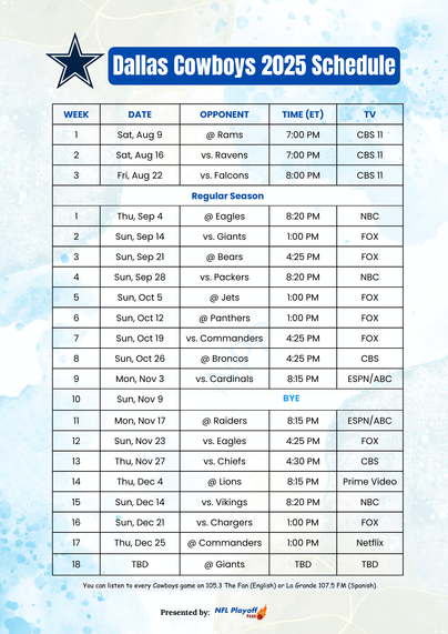 Cowboys 2025 schedule