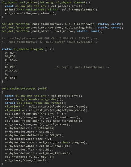 code listing for experiments with minimized ecl environment