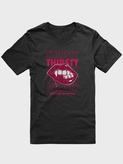 A black tee with a vampire's mouth and the words "thirsty, thirsty, thirsty, thirsty" on the chest.