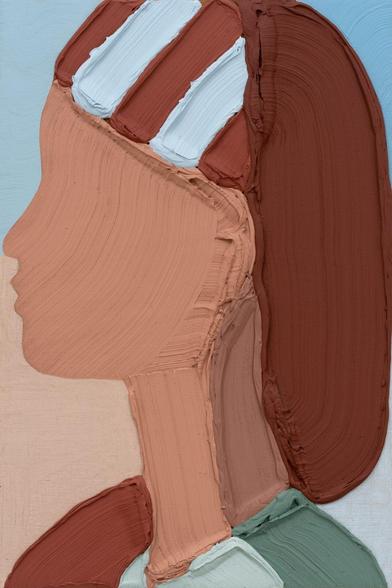 a profile portrait of a woman with brown hair and a blue and brown striped headscarf