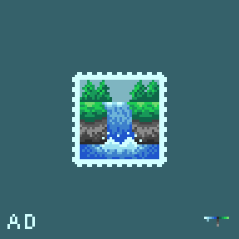 A small pixel art drawing of a waterfall