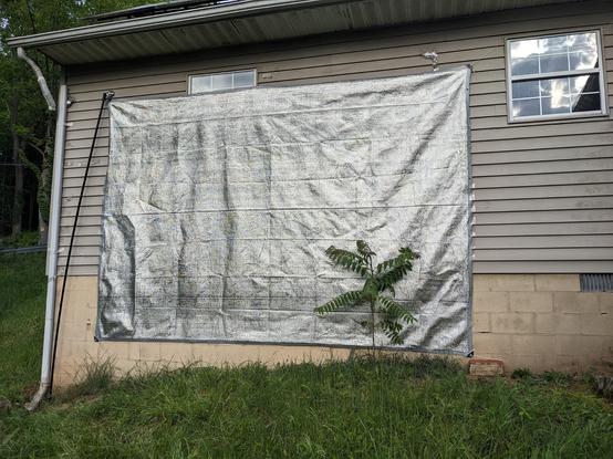 Reflective tarp attached to the back of a house between a slightly bending flagpole and a window.