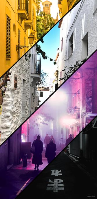A collage of photos of alleyways from around the world arranged to match the colors of the nonbinary flag. The photos are also situated to appear as one alley rather than separate ones.