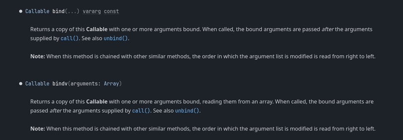 The Godot docs for bind and bindv
