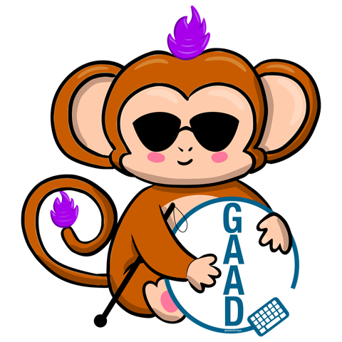 The image shows a digital drawing of the Open Security Conference mascot named Osco. They are a medium brown monkey with a purple flame on top of their head and at the tip of their tail, as well as bright, purple eyes - currently hidden behind dark glasses. Osco is sitting on the ground, having a blind person's cane with them. They are smiling at us with rosy cheeks while hugging the Global Accessibility Awareness Day logo.