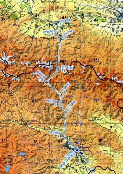 Aviation map with a flight plan from Beslan to Tbilisi-Lochni. The plan outlined by a blue line follows a road through the mountains, making several turns along the way and making its way to the destination airport.