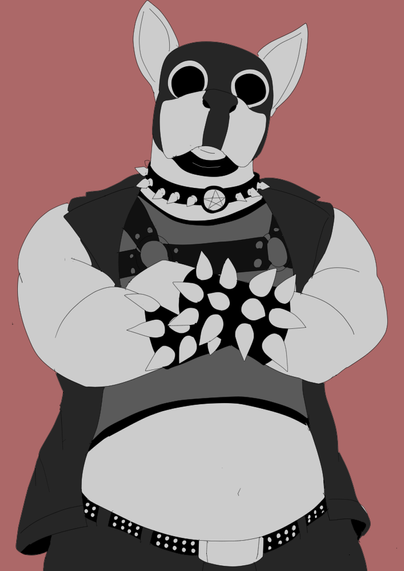 Benji the dog in full rivet gear and a goth as fuck puphood looking down on you menacingly despite being a big soft puppy dog