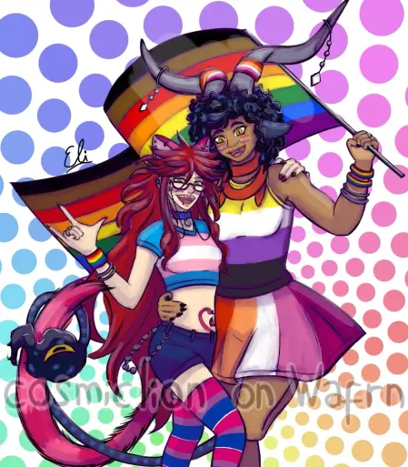 Digital fully rendered illustration of Grell Sutcliff from Black Butler (in her Cheshire Cat form from the Ciel In Wonderland OVA) and Belmon, a humanoid demon, drawn from the calves up. Grell is wearing a crop top with the trans flag colors, blue shorts with a chain, stockings with the bi flag colors, a blue collar with a silver tag, a rainbow bracelet, two silver bracelets and two gold rings on her left hand and several piercing in both her human and cat ears and one on her lower lip. Her nails are painted red, her lips pink and she has face paint with the bi flag on both cheeks. She has a red navel piercing and a pink marking in the shape of a heart around her navel. Belmon is a whole head taller than Grell. They are Black and have short dark blue curly hair with highlights in lighter blue, yellow eyes with vertical pupils, thick eyebrows, greyish blue goat ears, light grey horns that curve upwards, tiny fangs and a long greyish blue tail with dark blue hair with highlights in lighter blue and a big yellow goat eye on the tip. They are wearing a muscle t-shirt with the nonbinary flag colors, a short skirt with the lesbian flag colors, a red scarf, two rainbow bracelets, two silver bracelets and two golden rings on her left hand, one band with the lesbian flag colors on the base of each horn and one band with crystals hanging from the tip of each horn. Her nails are black and they have face paint with the lesbian flag on each cheek. They have bright blue markings on their b