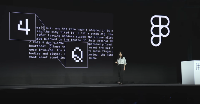 Helena on stage with pixel font Departure Mono in the background