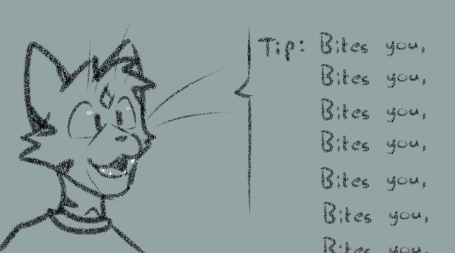 bust of pinball with fangs visible and a text box reading "tip: bites you, bites you, bites you" repeating off the edge of the image