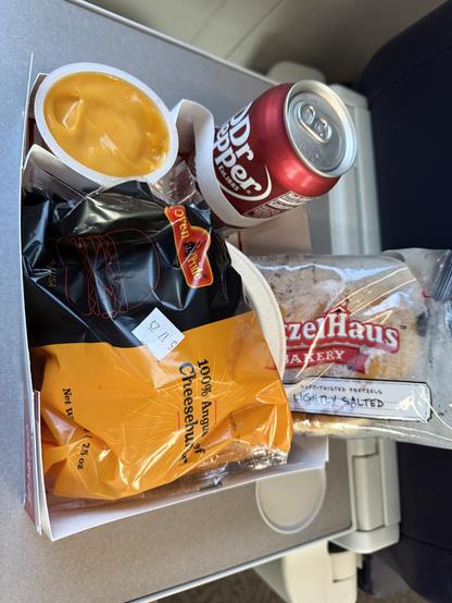 The classic Amtrak cheeseburger,
hot pretzel, and a Dr. Pepper