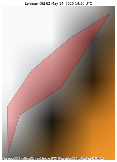 Visual map representation of the Lehman-Old 63 wildfire, showing the perimeters of the 0.02 acre fire on a map.