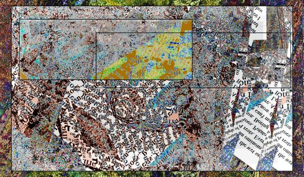 Rectangle composition presents a series of rectangle areas over a blend of deconstructed text and asemic writing.