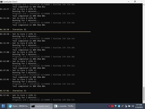 A screenshot of CoreCycler running in a PE live session.  It has been testing cores 0-5 for 16 hours without a single error thrown so far.  (Many days of testing have preceeded this, this is after dialing in numbers during all that time.)  I wish this was a bit easier, but modern processors are such a hot mess!