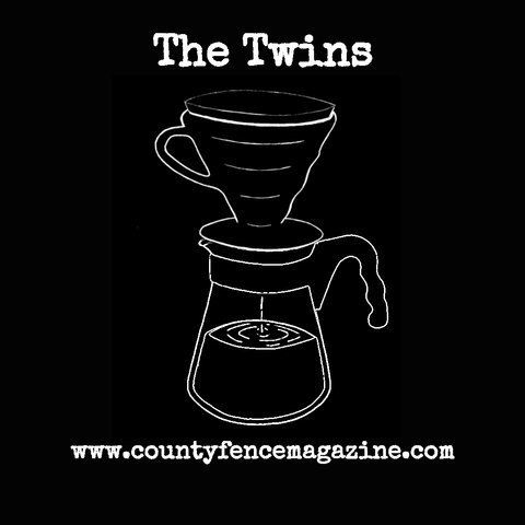 A white on black line drawing of a pour-over coffee rig titled “The Twins.”