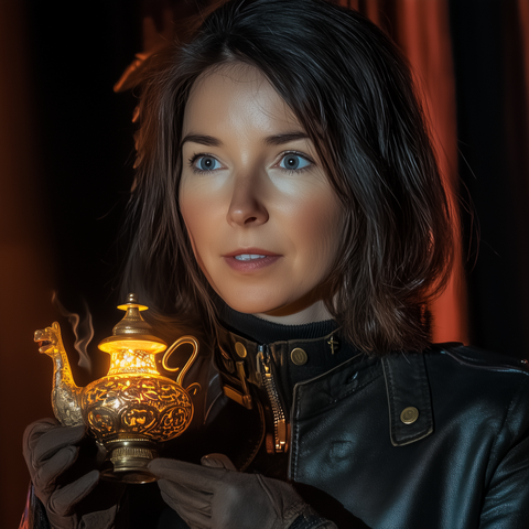 Illustration of Nicole Lazzaro in a black leather jacket and gloves holding a glowing magic lamp made of brass with a dragon's head on the spout.