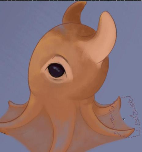 close up rendering of a dumbo octopus. Orange octo with head fins and and umbrella ligaments. Part of a larger WIP illustration.