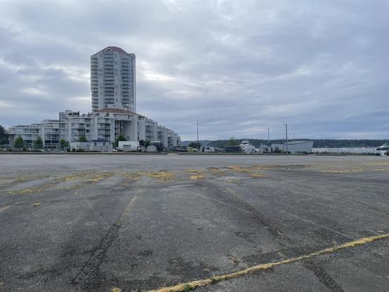 Looking north over the parking lot, you can see the fading parking line is a little better. There is more grass in the cracks. In the distance is a large residential tower that sits where the bus station used to be.