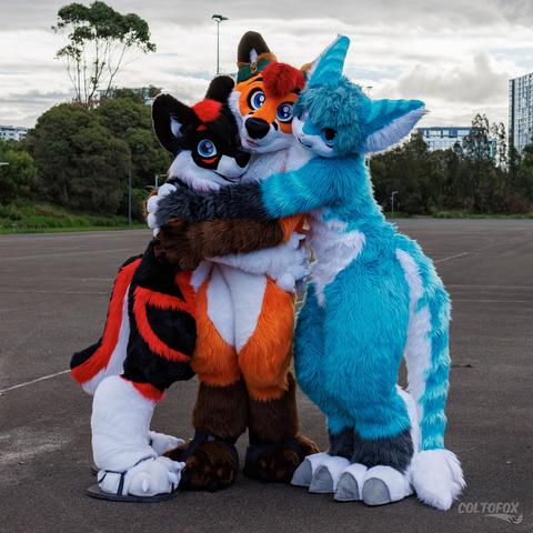 A photo of 3 full fursuiters standing on an outdoor netball court. BaxterWolf (black, white and red wolf fursuiter) on the left, Colto Fox (orange, white, brown and red fox fursuiter) in the middle, and Miilo (blue and white lombax fursuiter) on the right. They're all in a group hug together. The sky is cloudy and grey and there are some trees and buildings in the distant background. The photo was taken by coltofox.