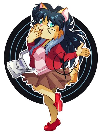 A chibi styled illustration of an OC, Nina. Nina is a cat girl with yellow fur tipped with a darker orange and long black hair. She's twirling happily on one foot, one arm out stretched while her other hand covers her laughing mouth. Her skirt and purse twirl with her. Behind her is a record for the background, celebrating Nina's enthusiasm for old media.