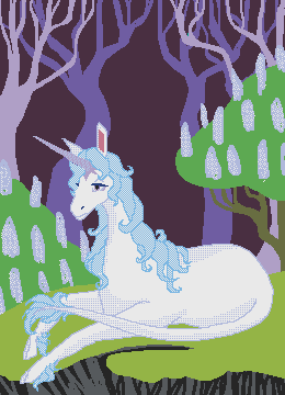 This is a small pixel art. The main focus of the picture is The Last Unicorn (aka Lady Amalthea) lying on a mossy mound surrounded by lilac bushes and distant trees. The unicorn is white with blue hair and purple eyes. The lilac bushes are green and purple and the trees and background are all varying shades of purple.