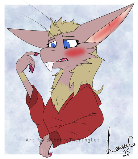 A yinglet looking rather embarrassed at her changes, one arm up, the other at breast level. A massive blush on her face.