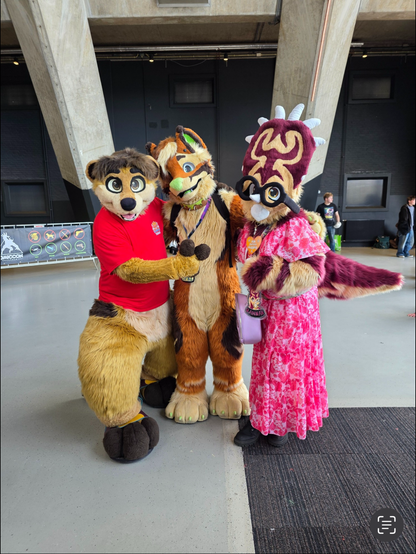 A meerkat, wolf and dinosaur fursuiter lining up for the camera