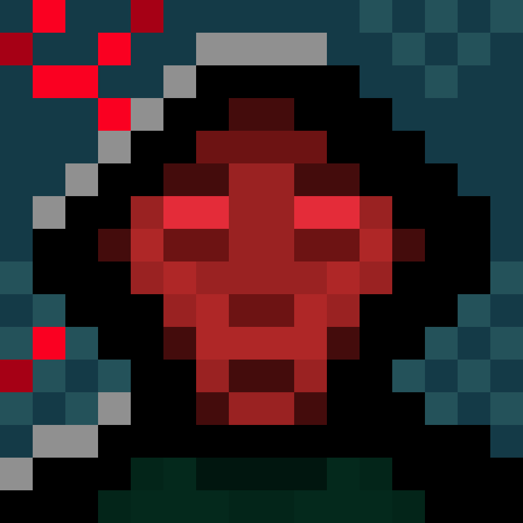 A low pixel art portrait of a hooded fantastical beign with red glowing eyes on a red face wearing a black robe and green clothes, the background presents a lightining striking against a dark sky projecting its light on the robe's hood.