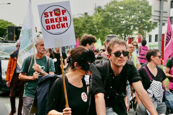 Une manifestante avec un masque d’oiseau, tient une pancarte : Stop green Dock. Manifestation à Gennevilliers en 2024.