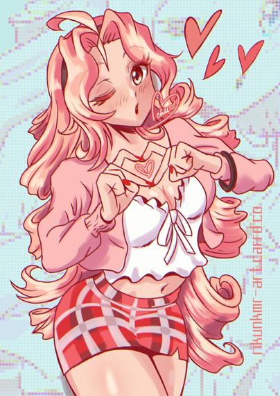 Preppy pink haired girl with long back length ojou-curl hair wearing a pink shrug with a crop white blouse underneath paired with a red pencil skirt, doing a winking kiss at the camera forming a heart with both hands' index & middle finger.