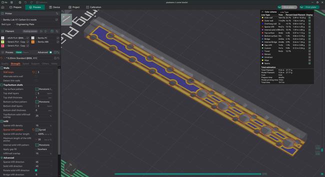 A complex screenshot from 3D printing program Orca Slicer. It shows the very bottom face of that bar from the first screenshot - it's a long rectangle with several circular cut-outs in it. Those cut-outs have been joined together by a long narrow cut-out running end to end along the bar, so that it's possible to trace around the perimeter of the bar and around every circular cut-out without stopping.