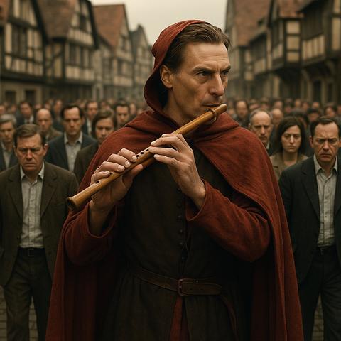 Ein fotorealistisches, allegorisch inszeniertes Bild zeigt einen Mann in rotem Umhang – den modernen „Rattenfänger“ – wie er konzentriert eine Flöte spielt. Hinter ihm folgt eine schweigende, ernste Menschenmenge durch eine historische Gasse. Die Gesichter wirken leer, nach innen gekehrt – als würden sie nicht aus Überzeugung, sondern aus innerer Erschöpfung folgen. Die alten Fachwerkhäuser im Hintergrund deuten eine Kulisse an, die Tradition und Systemgeschichte symbolisiert. Das Licht ist düster, als würde ein Schleier auf allem liegen – eine Welt am Rande der Erkenntnis, aber noch gefangen im Bann des Verführers.

Symbolik:
Der rote Umhang steht für Wirkung statt Wahrheit, die Flöte für narrative Kontrolle, die Masse für das unreflektierte Kollektiv. Es ist ein Bild der Manipulation – aber auch der Chance zur Erwachung.🖖