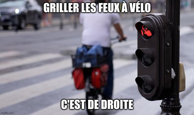 meme :
image d'un cycliste qui grille un feu vélo rouge.
Texte : 
Griller les feux à vélo c'est de droite.