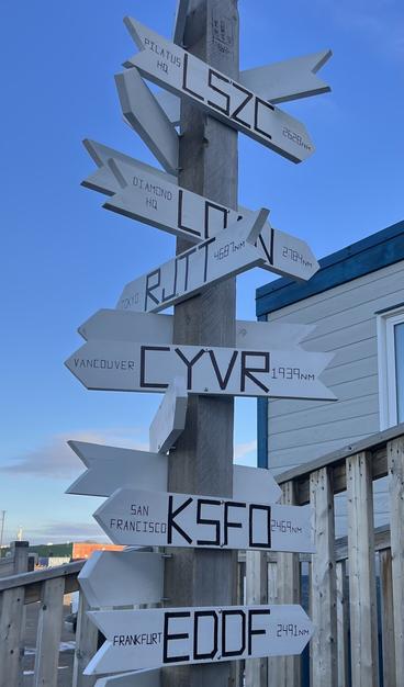 Vor einem niedrigen Holzgebäude steht ein Holzpfosten mit zahlreichen weiß lackierten Richtungspfeilen. Diese zeigen in verschiedene Richtungen zu großen Städten wie Vancouver, Los Angeles oder Frankfurt. Neben dem Stadtnamen ist der 4-letter-Code des Flughafens sowie die Entfernung in nautischen Meilen (immer vierstellig) angeschrieben.