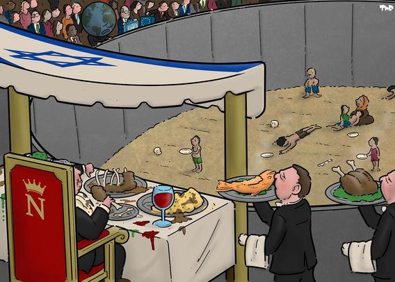 Cartoon showing a Roman arena. Netanyahu sits on a throne under a canopy with a table full of food in front of him, while servants are bringing out more dishes. In one hand he's holding a chicken leg, while with the other he's giving a thumbs down to the people in the arena, the starving people in Gaza. An audience of UN and EU politician looks on, but does nothing.