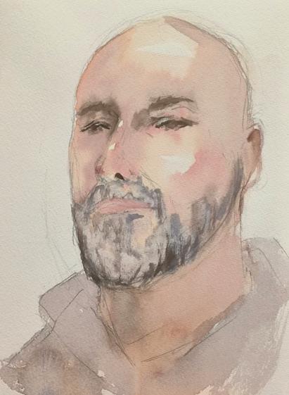 Watercolor of a bearded and bald man